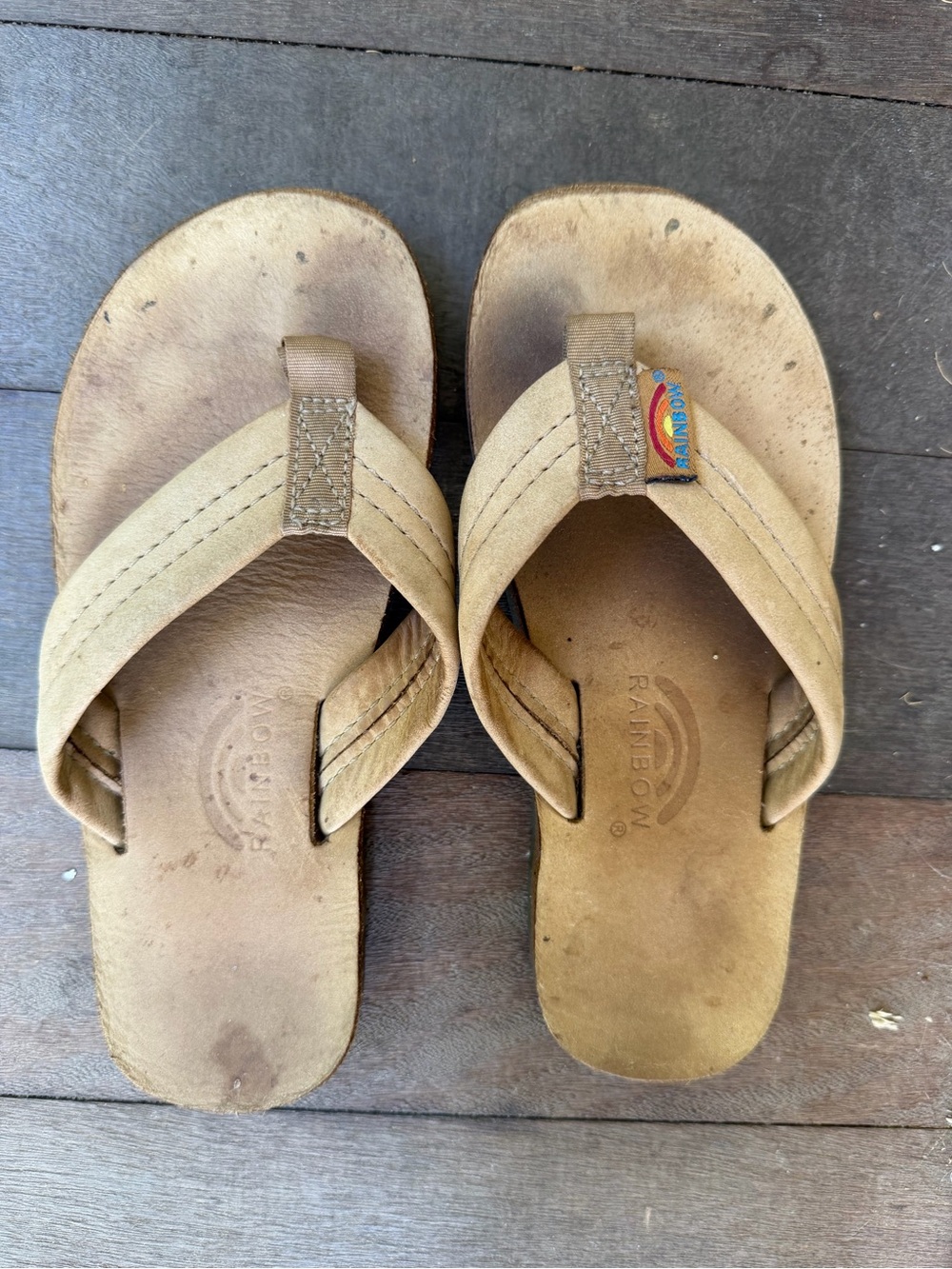 Rainbow Tan Leather flip flops